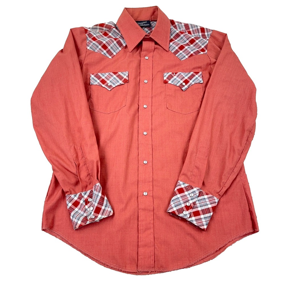 Vintage Champion Western Shirt Men Large Pearl Snap Button Plaid Cowboy 70s 80s